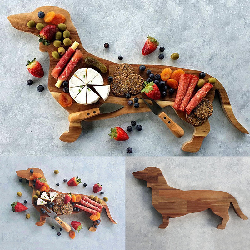 Dekorativ Træ Bassethund Snacktallerken, hundiformet, fyrretræ, stilfuldt design, perfekt til oste og vin aftener.