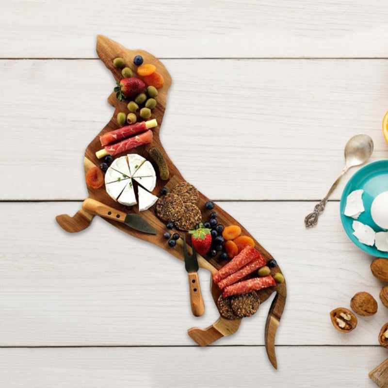 Dekorativ Træ Bassethund Snacktallerken, hundiformet, fyrretræ, stilfuldt design, perfekt til oste og vin aftener.