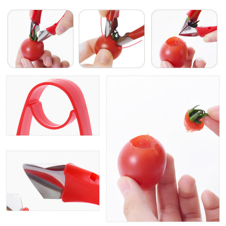 Rød frugtkernerudstikker med ergonomisk greb, skarp rustfri stålklinge, letter håndteringen af jordbær og tomater