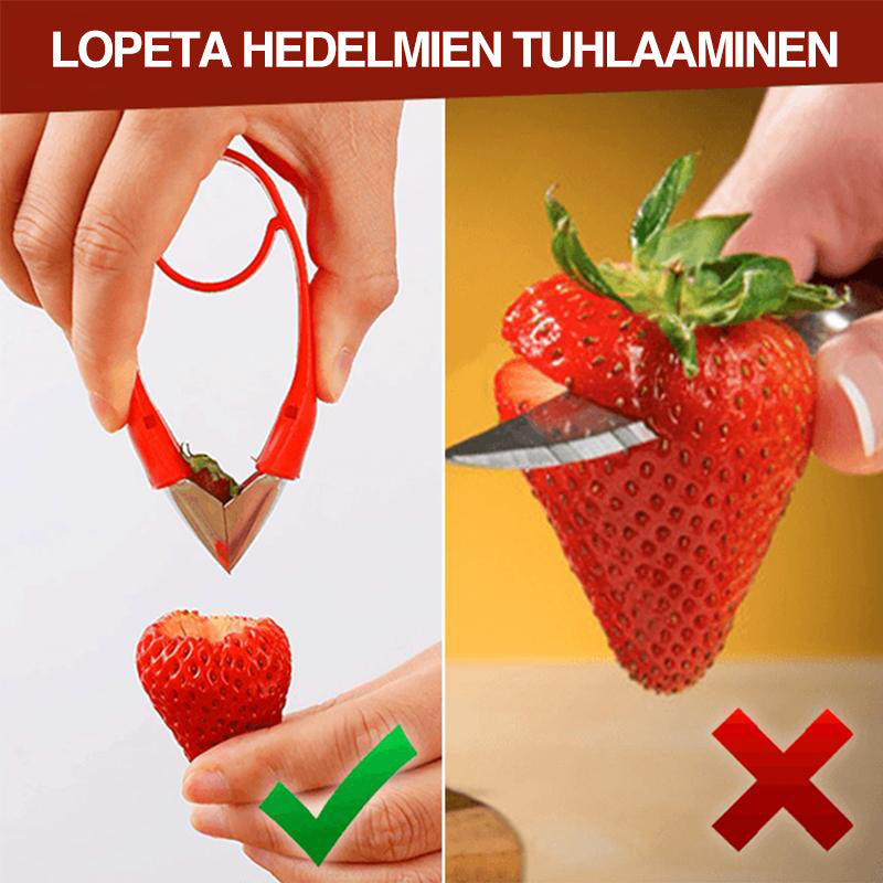 Rød frugtkernerudstikker med ergonomisk greb, skarp rustfri stålklinge, letter håndteringen af jordbær og tomater
