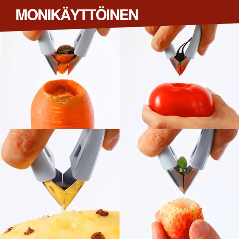 Rød frugtkernerudstikker med ergonomisk greb, skarp rustfri stålklinge, letter håndteringen af jordbær og tomater