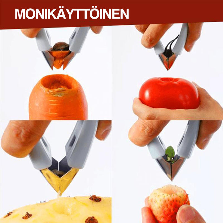 Rød frugtkernerudstikker med ergonomisk greb, skarp rustfri stålklinge, letter håndteringen af jordbær og tomater