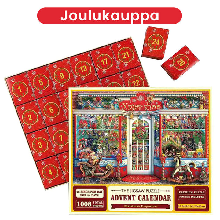 Rød Joulupulma Gætteboks med billeder af julemand, grantræ og gaver, perfekt som julegave til venner.