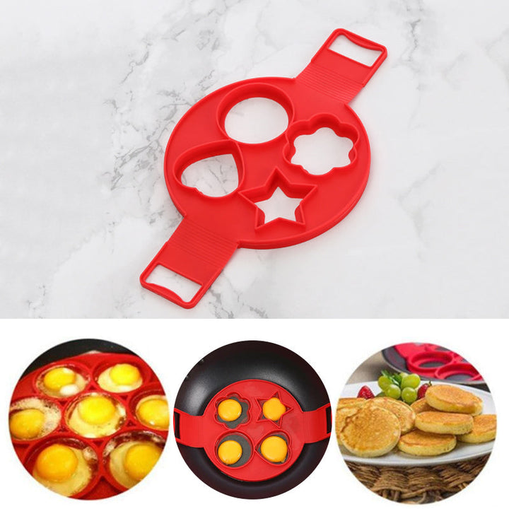 Rød non-stick silikone pandekageform, fleksibel og nem at rengøre, perfekt til at forme pandekager.
