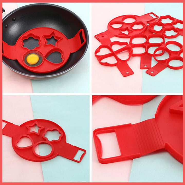 Rød non-stick silikone pandekageform, fleksibel og nem at rengøre, perfekt til at forme pandekager.