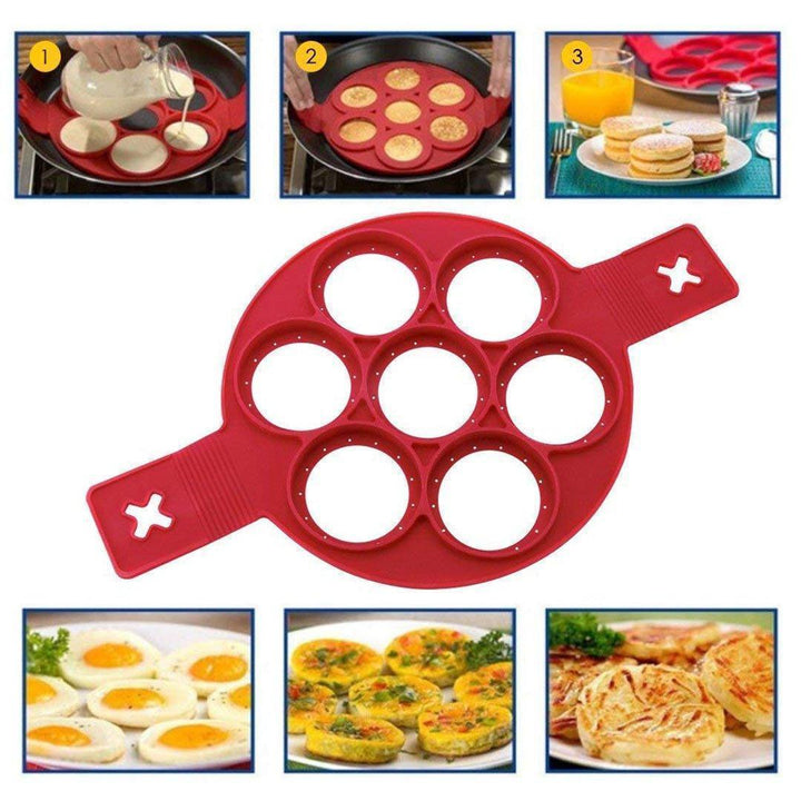 Rød non-stick silikone pandekageform, fleksibel og nem at rengøre, perfekt til at forme pandekager.