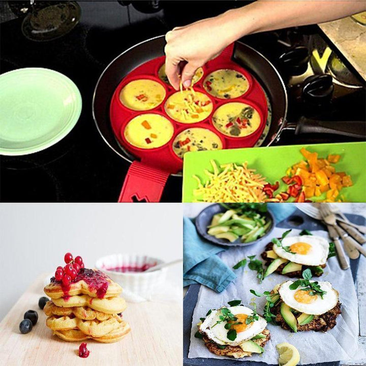 Rød non-stick silikone pandekageform, fleksibel og nem at rengøre, perfekt til at forme pandekager.