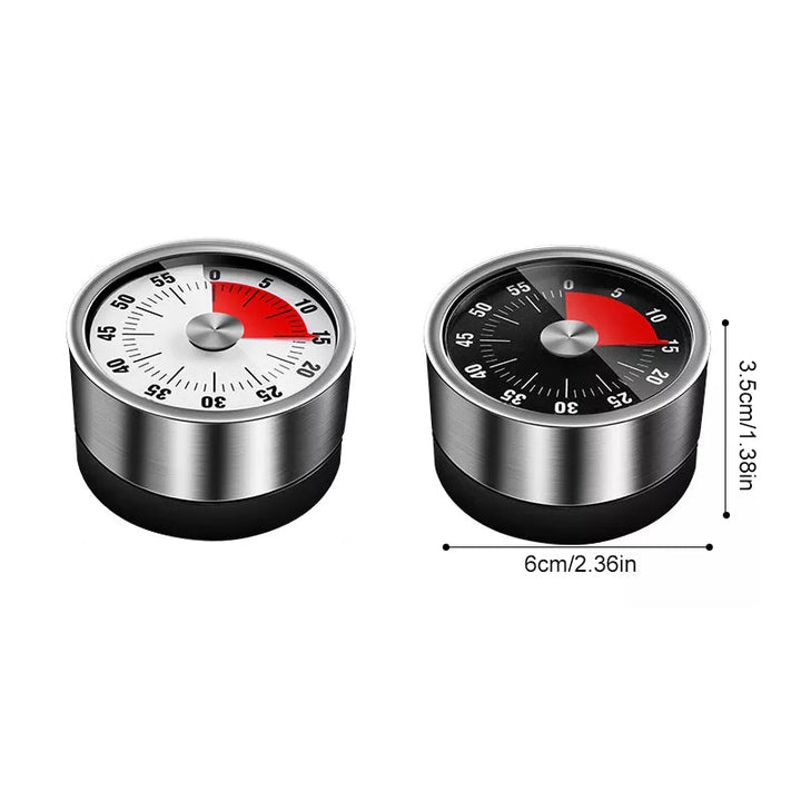 Rødt vintage-køkkenur i rustfrit stål med magnetisk fastgørelse, tydelig urskive, til metaloverflader.