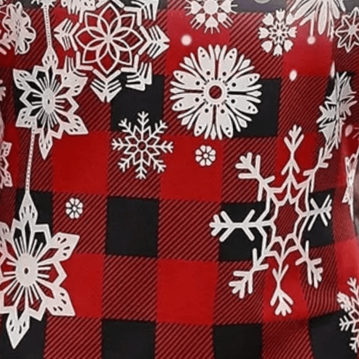 Dame julekjole med snefnug - rødternet; festligt og elegant design, perfekt til julestemningen.
