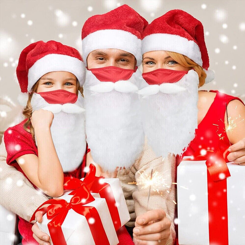 Rød og hvid Julemandens ansigtsmaske til voksne, med dekorativt pjuskede skæg, komfortable justerbare ørestropper, jule-tilbehør.