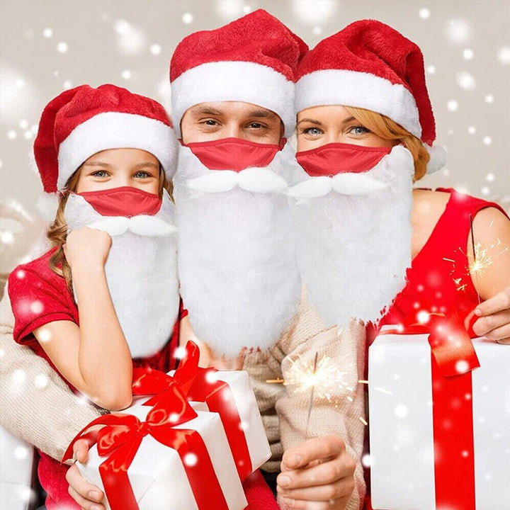 Rød og hvid Julemandens ansigtsmaske til voksne, med dekorativt pjuskede skæg, komfortable justerbare ørestropper, jule-tilbehør.