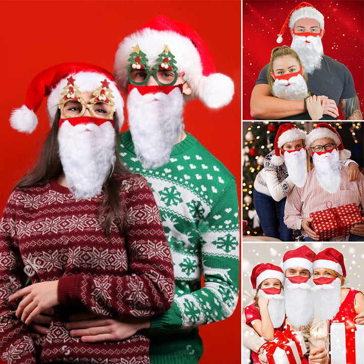 Rød og hvid Julemandens ansigtsmaske til voksne, med dekorativt pjuskede skæg, komfortable justerbare ørestropper, jule-tilbehør.