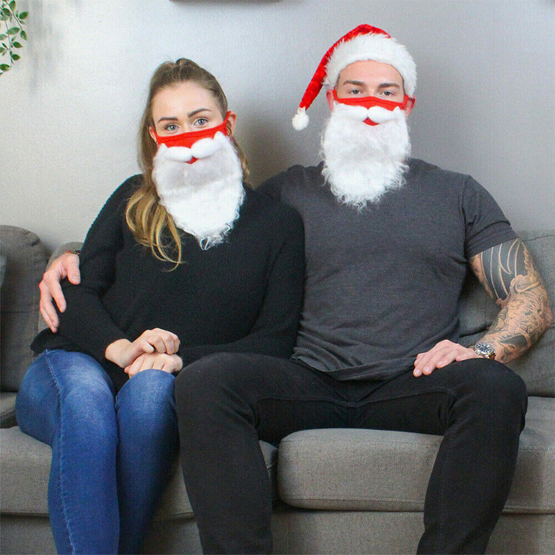 Rød og hvid Julemandens ansigtsmaske til voksne, med dekorativt pjuskede skæg, komfortable justerbare ørestropper, jule-tilbehør.