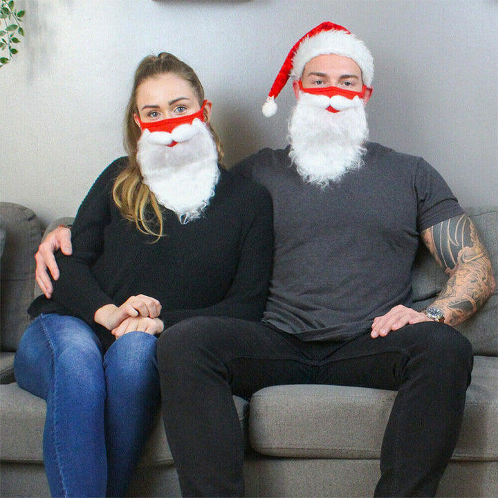 Rød og hvid Julemandens ansigtsmaske til voksne, med dekorativt pjuskede skæg, komfortable justerbare ørestropper, jule-tilbehør.