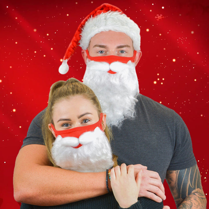 Rød og hvid Julemandens ansigtsmaske til voksne, med dekorativt pjuskede skæg, komfortable justerbare ørestropper, jule-tilbehør.