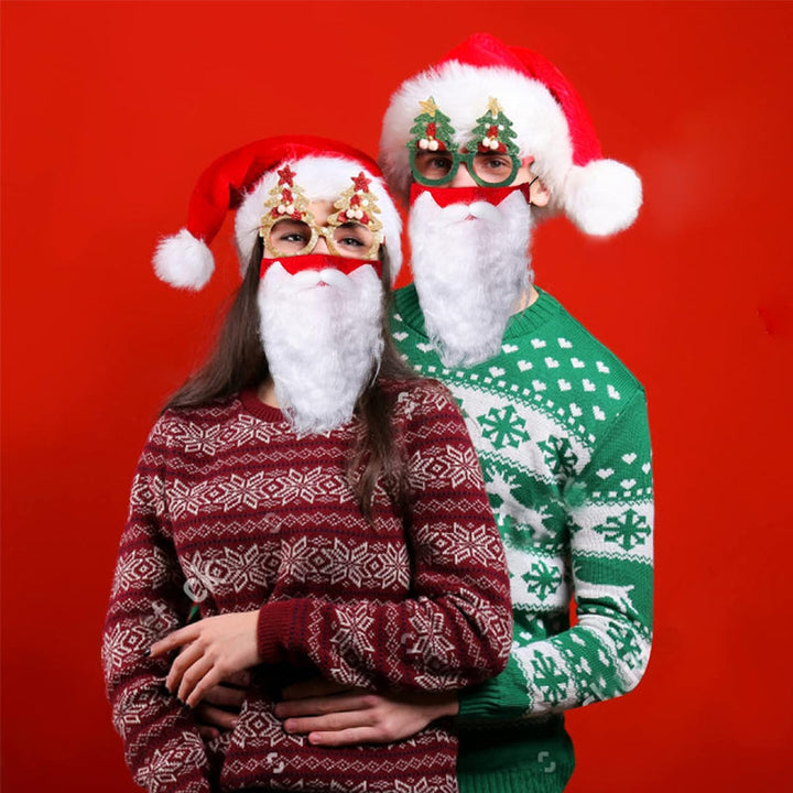 Rød og hvid Julemandens ansigtsmaske til voksne, med dekorativt pjuskede skæg, komfortable justerbare ørestropper, jule-tilbehør.