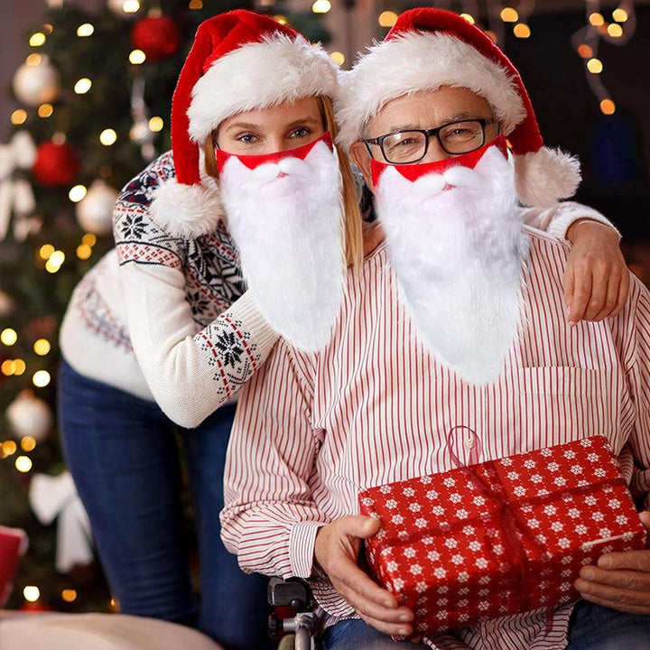 Rød og hvid Julemandens ansigtsmaske til voksne, med dekorativt pjuskede skæg, komfortable justerbare ørestropper, jule-tilbehør.