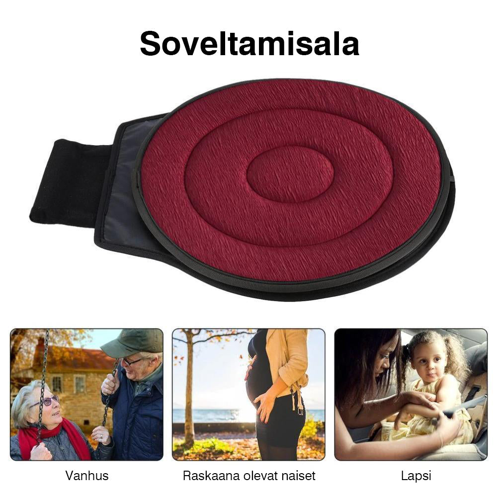 "Pyöreä autoilu- ja pyöräilytyyny, 360° kääntyvä, muistivaahtoa, musta, liukumaton pohja, mukava istuinalusta."