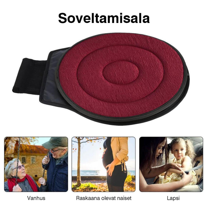 "Pyöreä autoilu- ja pyöräilytyyny, 360° kääntyvä, muistivaahtoa, musta, liukumaton pohja, mukava istuinalusta."