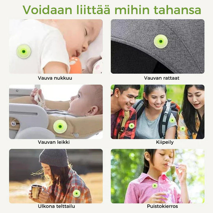 Cirkulært myggestik-klistermærke med plantebaserede olier, fastgjort til et børne-rygsæk for ubekymrede udendørsaktiviteter om sommeren.