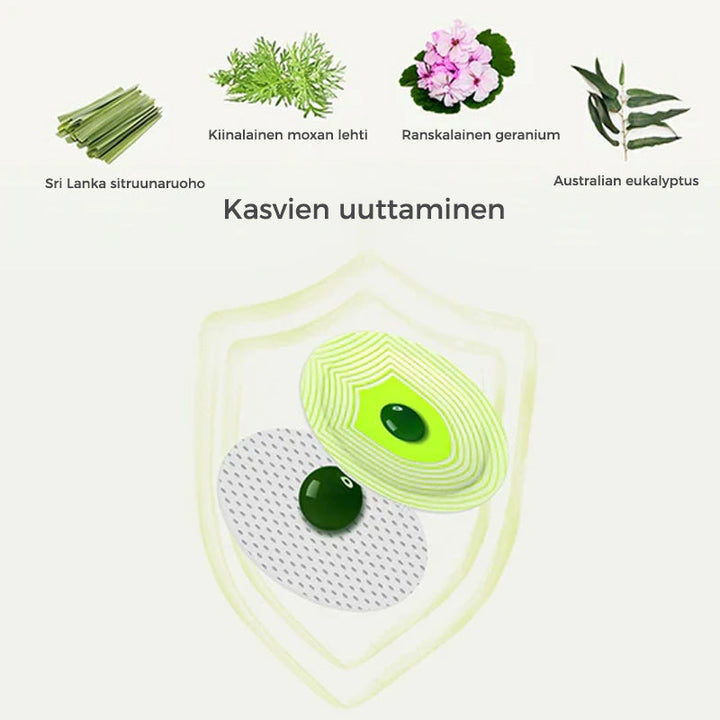 Cirkulært myggestik-klistermærke med plantebaserede olier, fastgjort til et børne-rygsæk for ubekymrede udendørsaktiviteter om sommeren.