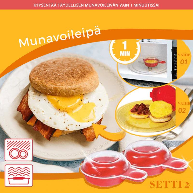 Rund æggeform til mikroovn med rødt låg, designet til hurtigt at lave lækre morgenmadssandwich.