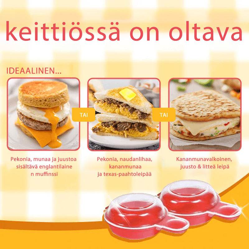 Rund æggeform til mikroovn med rødt låg, designet til hurtigt at lave lækre morgenmadssandwich.