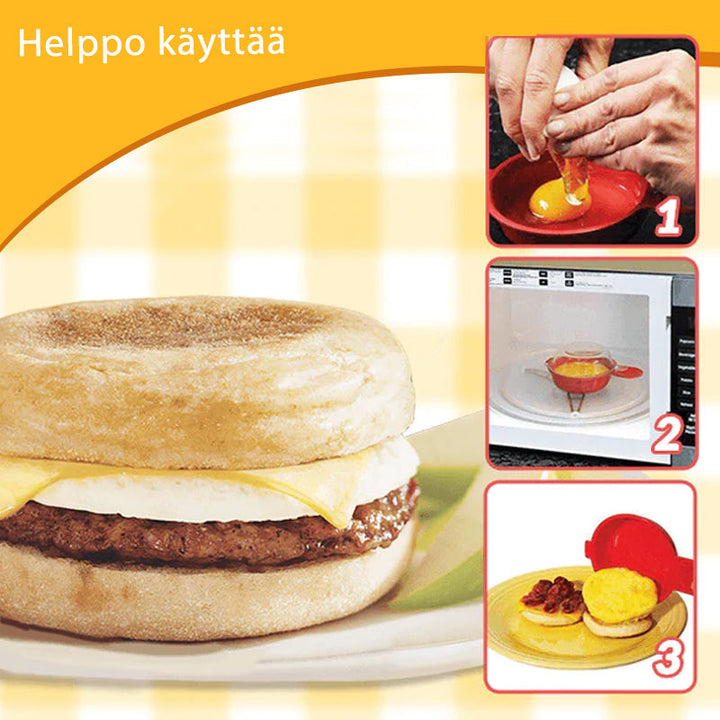 Rund æggeform til mikroovn med rødt låg, designet til hurtigt at lave lækre morgenmadssandwich.
