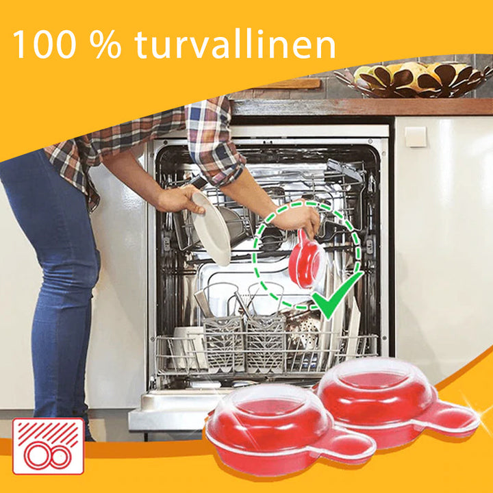 Rund æggeform til mikroovn med rødt låg, designet til hurtigt at lave lækre morgenmadssandwich.