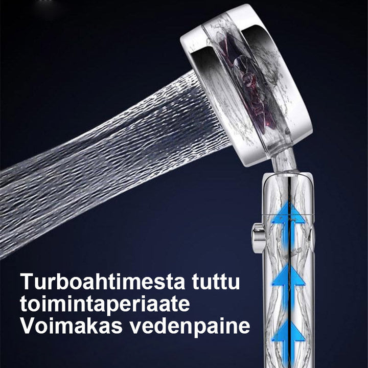 Håndholdt brusehoved med roterende højtryk, sølvfarvet, sofistikeret design, roterende hjul, flere farver, håndholdt model.