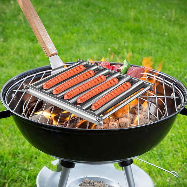 Roterende pølseholder i rustfrit stål til grill, med plads til fem pølser, håndtag, holdbart og kompakt design, tilgængelig online