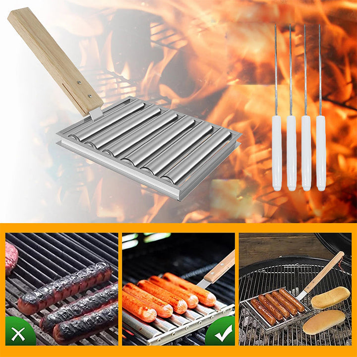 Roterende pølseholder i rustfrit stål til grill, med plads til fem pølser, håndtag, holdbart og kompakt design, tilgængelig online