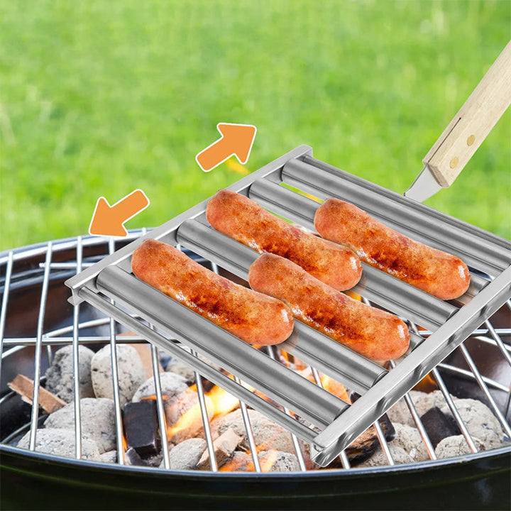 Roterende pølseholder i rustfrit stål til grill, med plads til fem pølser, håndtag, holdbart og kompakt design, tilgængelig online