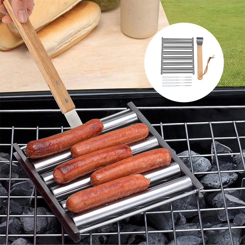 Roterende pølseholder i rustfrit stål til grill, med plads til fem pølser, håndtag, holdbart og kompakt design, tilgængelig online