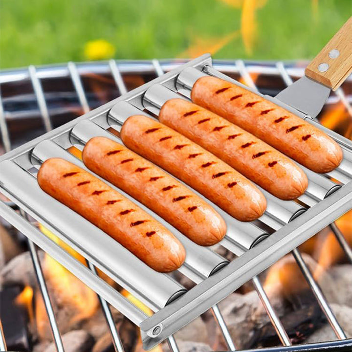 Roterende pølseholder i rustfrit stål til grill, med plads til fem pølser, håndtag, holdbart og kompakt design, tilgængelig online