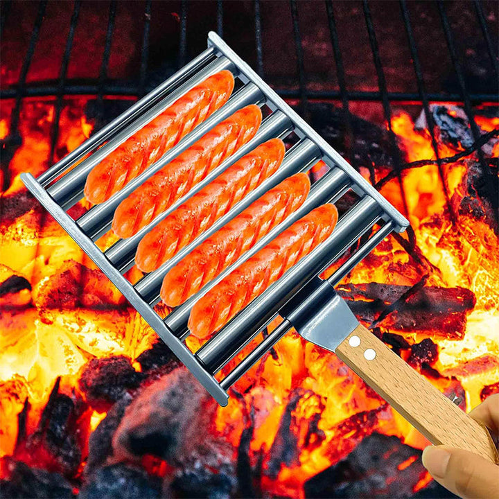 Roterende pølseholder i rustfrit stål til grill, med plads til fem pølser, håndtag, holdbart og kompakt design, tilgængelig online
