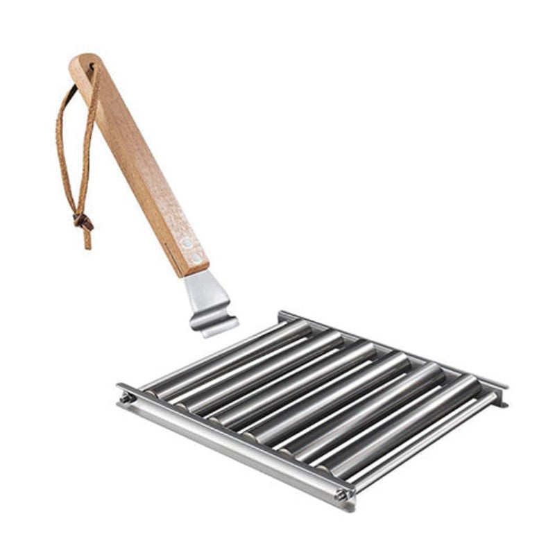 Roterende pølseholder i rustfrit stål til grill, med plads til fem pølser, håndtag, holdbart og kompakt design, tilgængelig online
