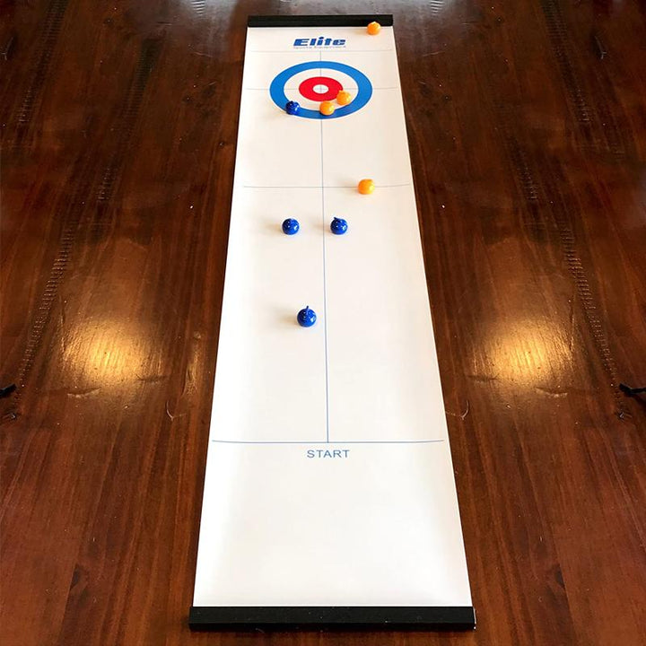 Bordcurling spil billede, realistisk is-effekt, kompakt design, blå og gule sten, indendørs underholdning for familier.