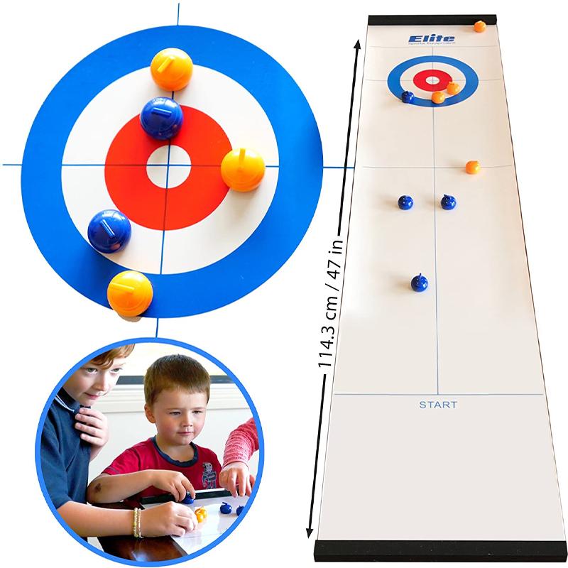 Bordcurling spil billede, realistisk is-effekt, kompakt design, blå og gule sten, indendørs underholdning for familier.
