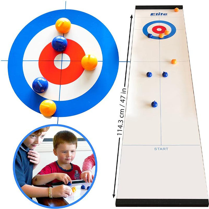 Bordcurling spil billede, realistisk is-effekt, kompakt design, blå og gule sten, indendørs underholdning for familier.
