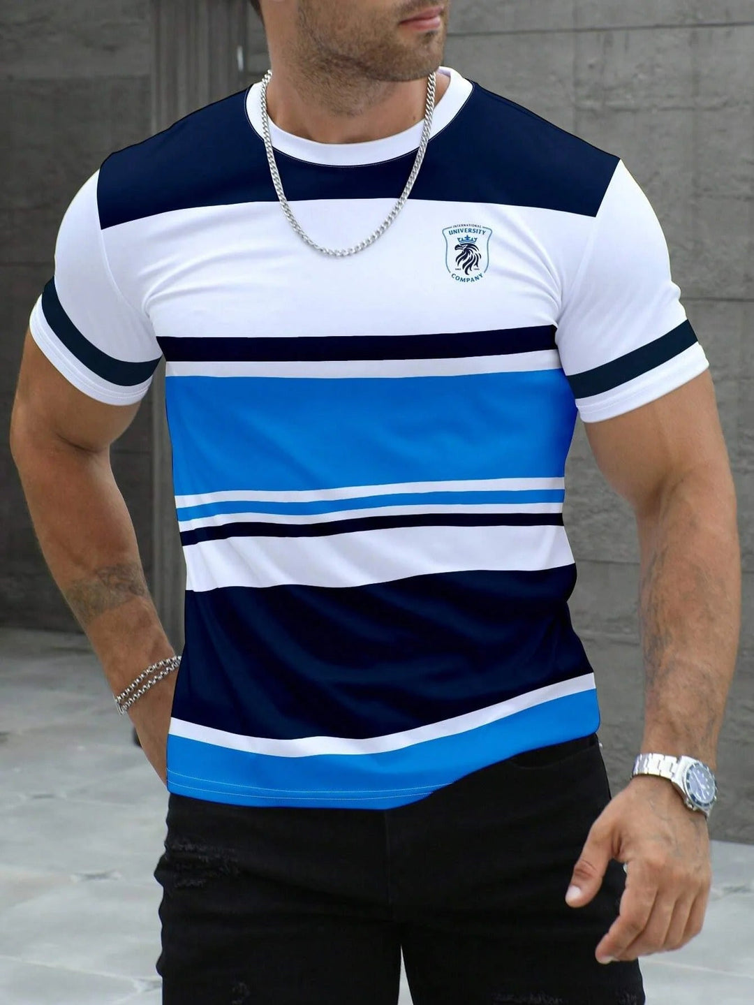 "Raidallinen miesten puuvilla t-paita, pehmeä lyhythihainen, klassinen kuvio, rento istuvuus, valkoinen ja sininen"