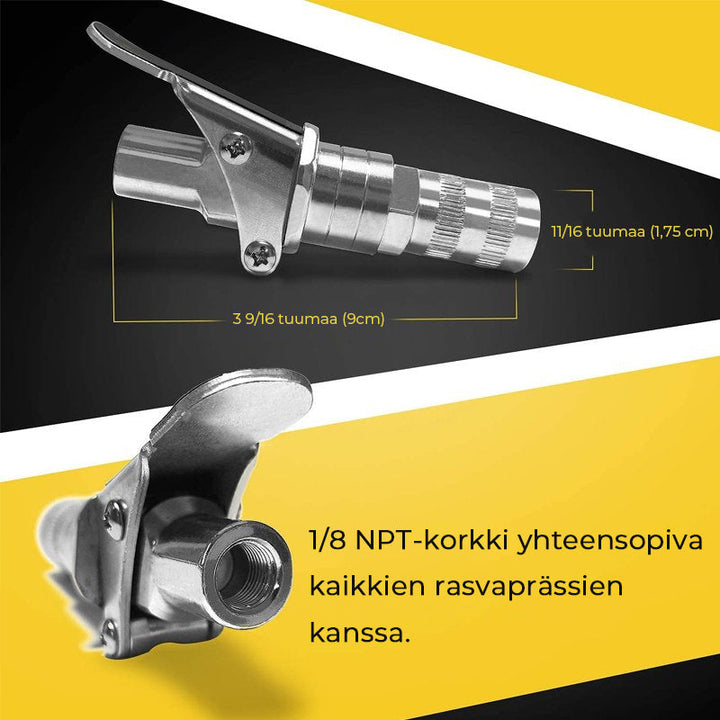 Robust fedtpistol kobling, zinkbelagt, solidt design, nem at bruge i trange rum, holdbar.