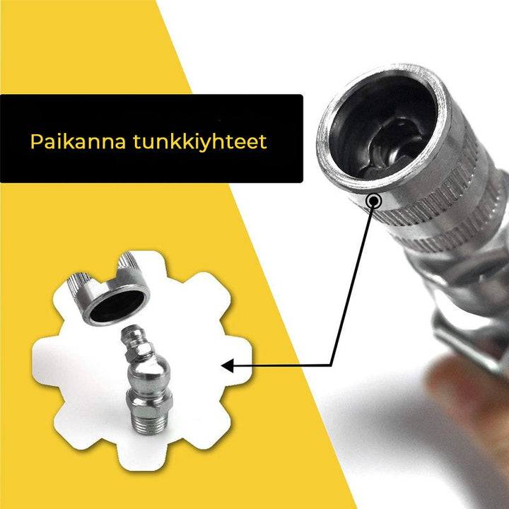 Robust fedtpistol kobling, zinkbelagt, solidt design, nem at bruge i trange rum, holdbar.