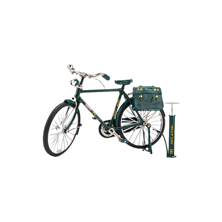 Retro-lignende sort/grøn metal mini cykel, realistisk design, samlerobjekt og gaveidé, børn og gaver