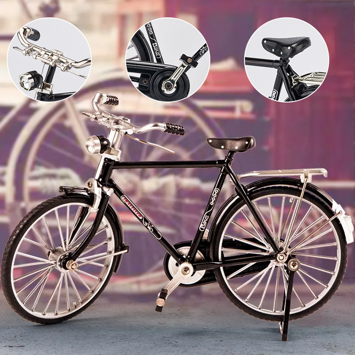 Retro-lignende sort/grøn metal mini cykel, realistisk design, samlerobjekt og gaveidé, børn og gaver