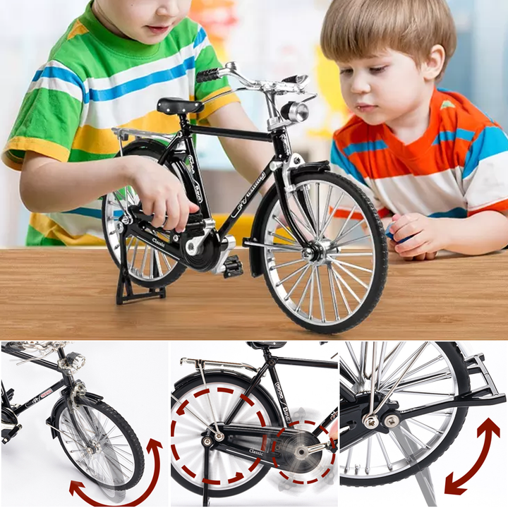 Retro-lignende sort/grøn metal mini cykel, realistisk design, samlerobjekt og gaveidé, børn og gaver