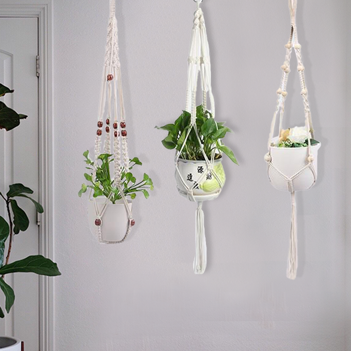 Hængende nettaske til blomsterpotter, moderne boho-stil, beige bomuldssnor, til indendørs og udendørs brug, detaljer.