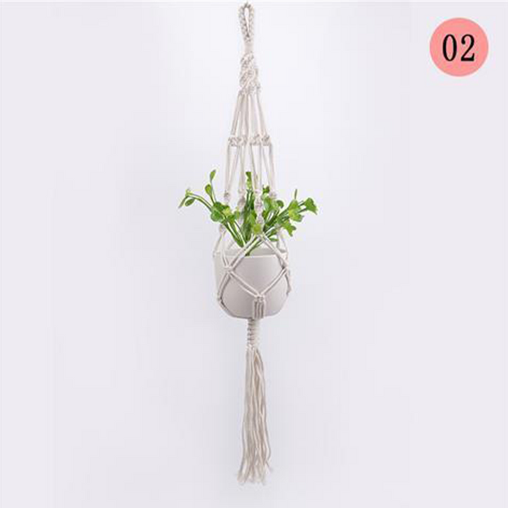 Hængende nettaske til blomsterpotter, moderne boho-stil, beige bomuldssnor, til indendørs og udendørs brug, detaljer.