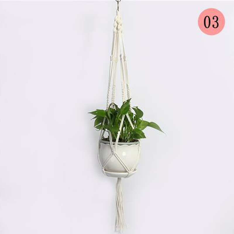 Hængende nettaske til blomsterpotter, moderne boho-stil, beige bomuldssnor, til indendørs og udendørs brug, detaljer.