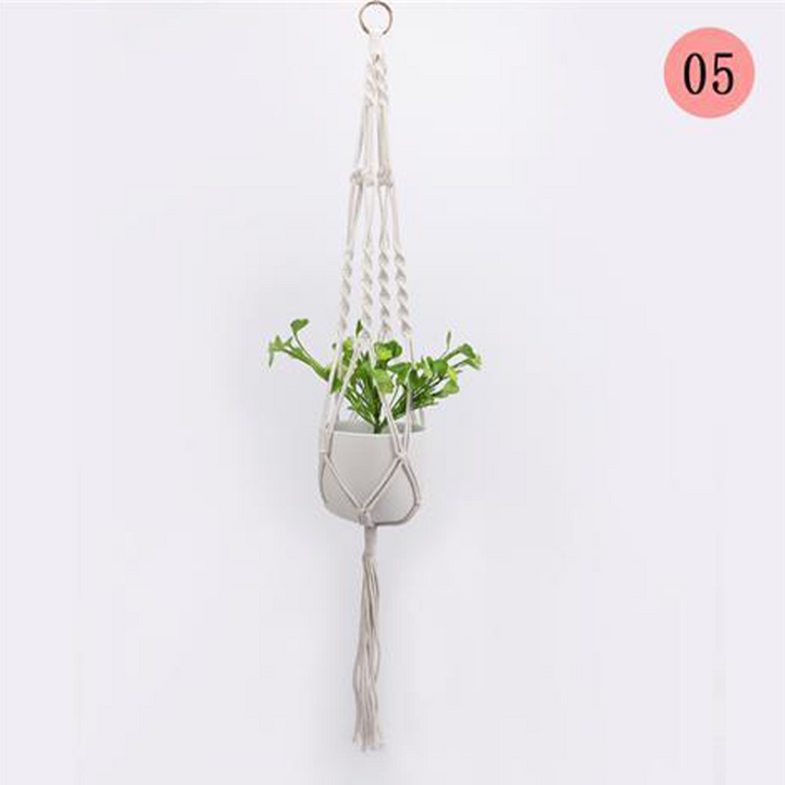 Hængende nettaske til blomsterpotter, moderne boho-stil, beige bomuldssnor, til indendørs og udendørs brug, detaljer.